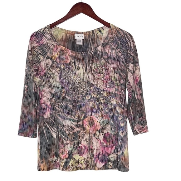 CHICO'S Multi-colored Floral Bird Sequins Embellished Top Size S - Picture 1 of 16